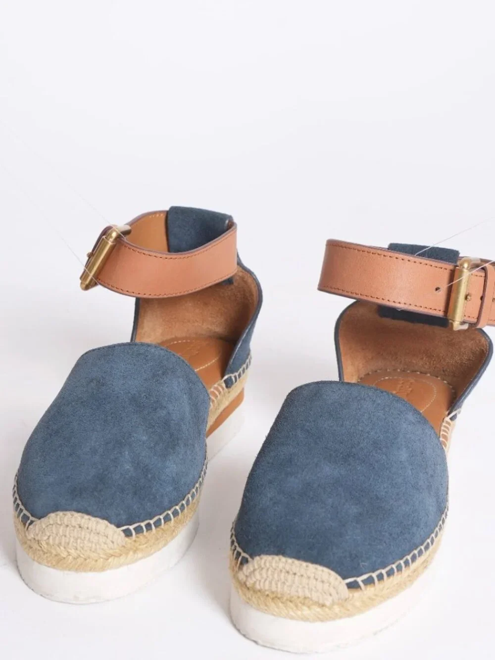 See by Chloé Glyn Blue Suede Platform Espadrille Sandals Ankle Strap 10